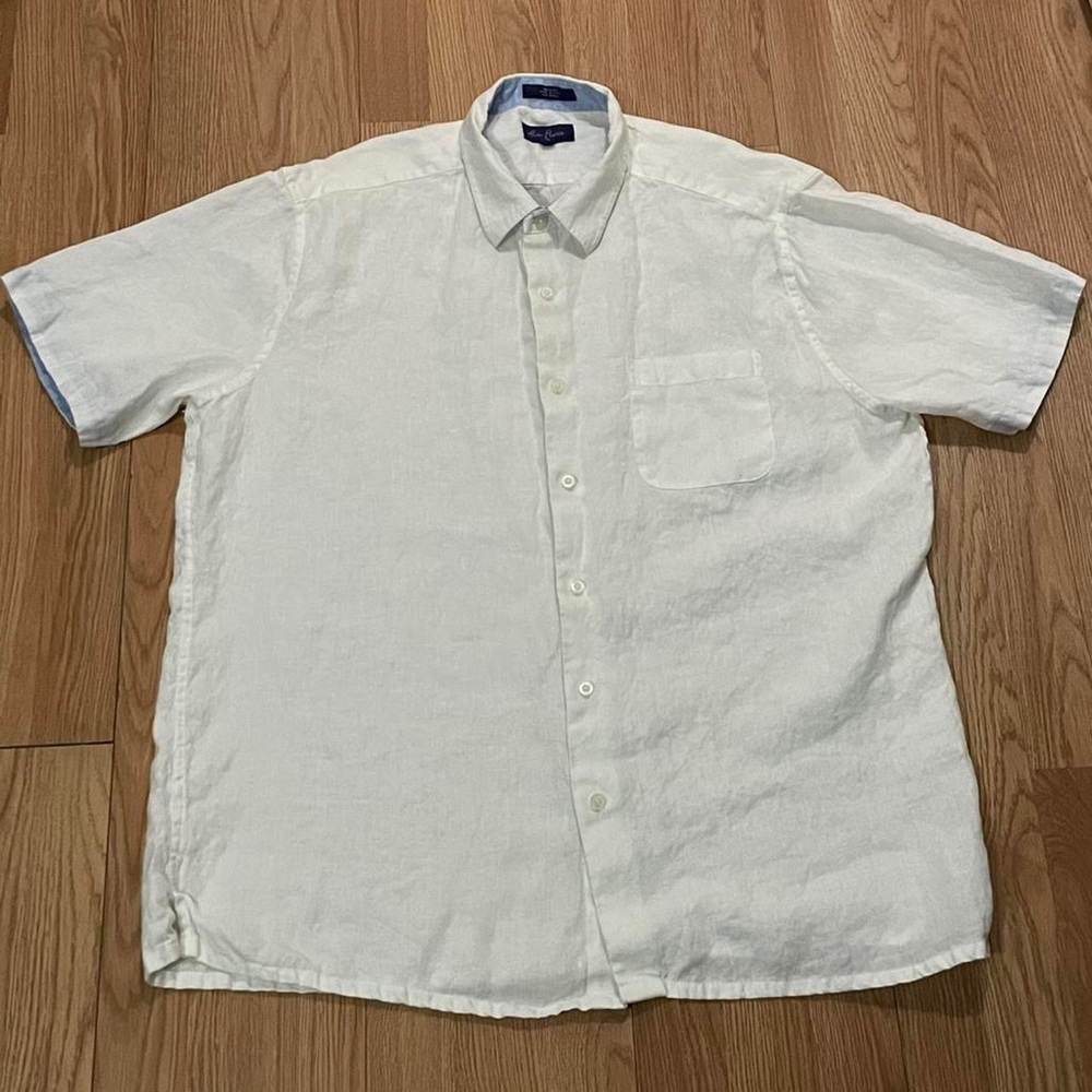 Alan Flusser Men’s XL Short Sleeve Button Up Shirt White Linen Preppy Casual